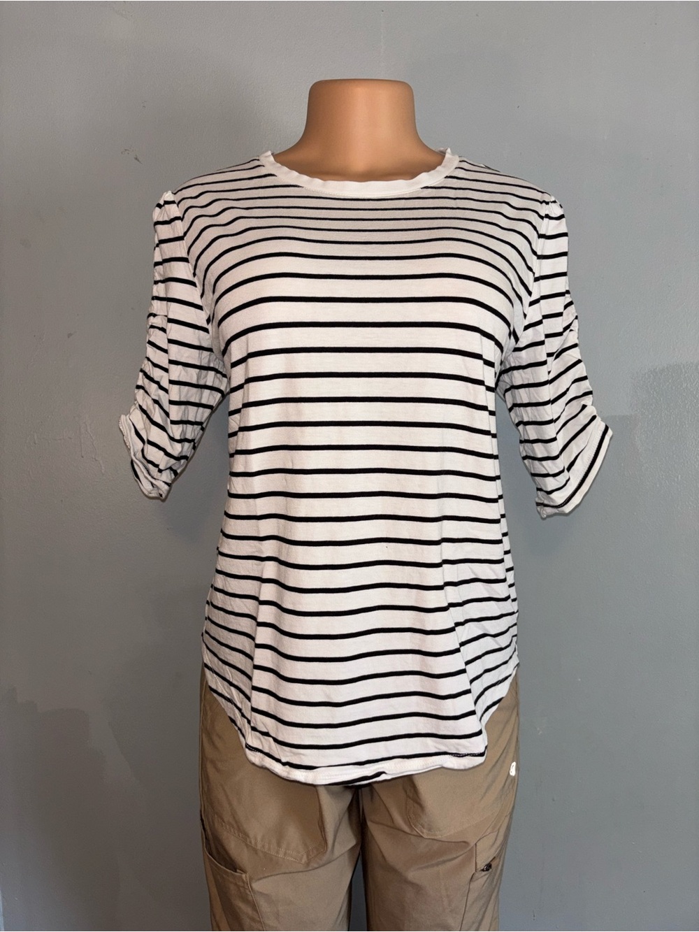 Time and Tru White and Black Striped Long Sleeve Tee